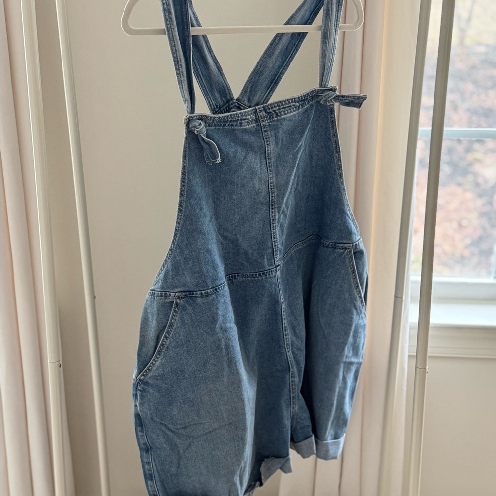 Aerie Denim Overalls Romper in Medium Blue